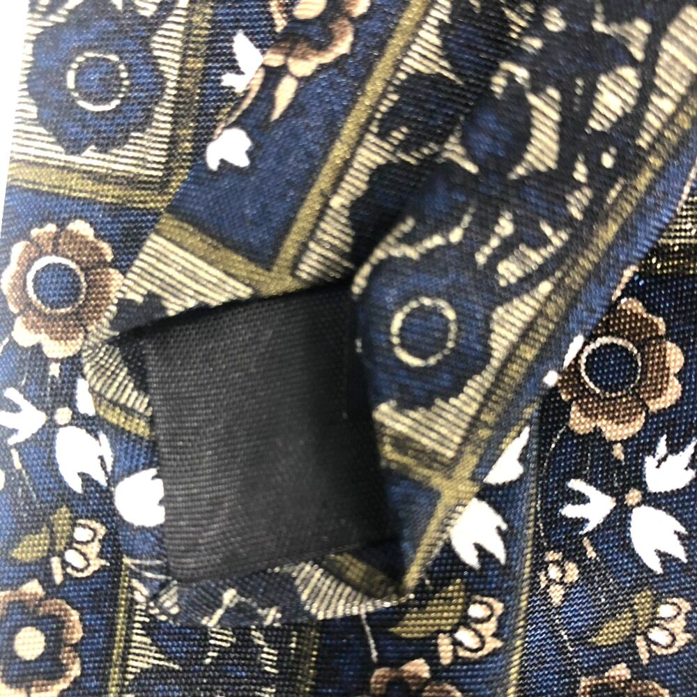 Adolfo Tie PolySilk Blend Navy Blue Floral Geometric Pattern Made in USA Vintage - Picture 5 of 7